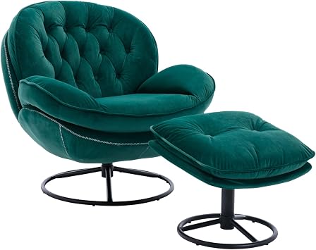 Velvet Upholstered Swivel Accent Chair with Ottoman Set, Comfy Chaise Lounge Chairs with 360 Degree Swiveling, for Bedroom, Modern TV Chair with Footrest for Livingroom, Dark Green