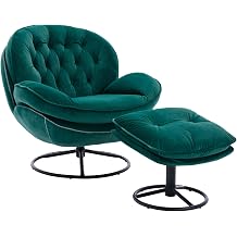 Velvet Upholstered Swivel Accent Chair with Ottoman Set, Comfy Chaise Lounge Chairs with 360 Degree Swiveling, for Bedroom, Modern TV Chair with Footrest for Livingroom, Dark Green