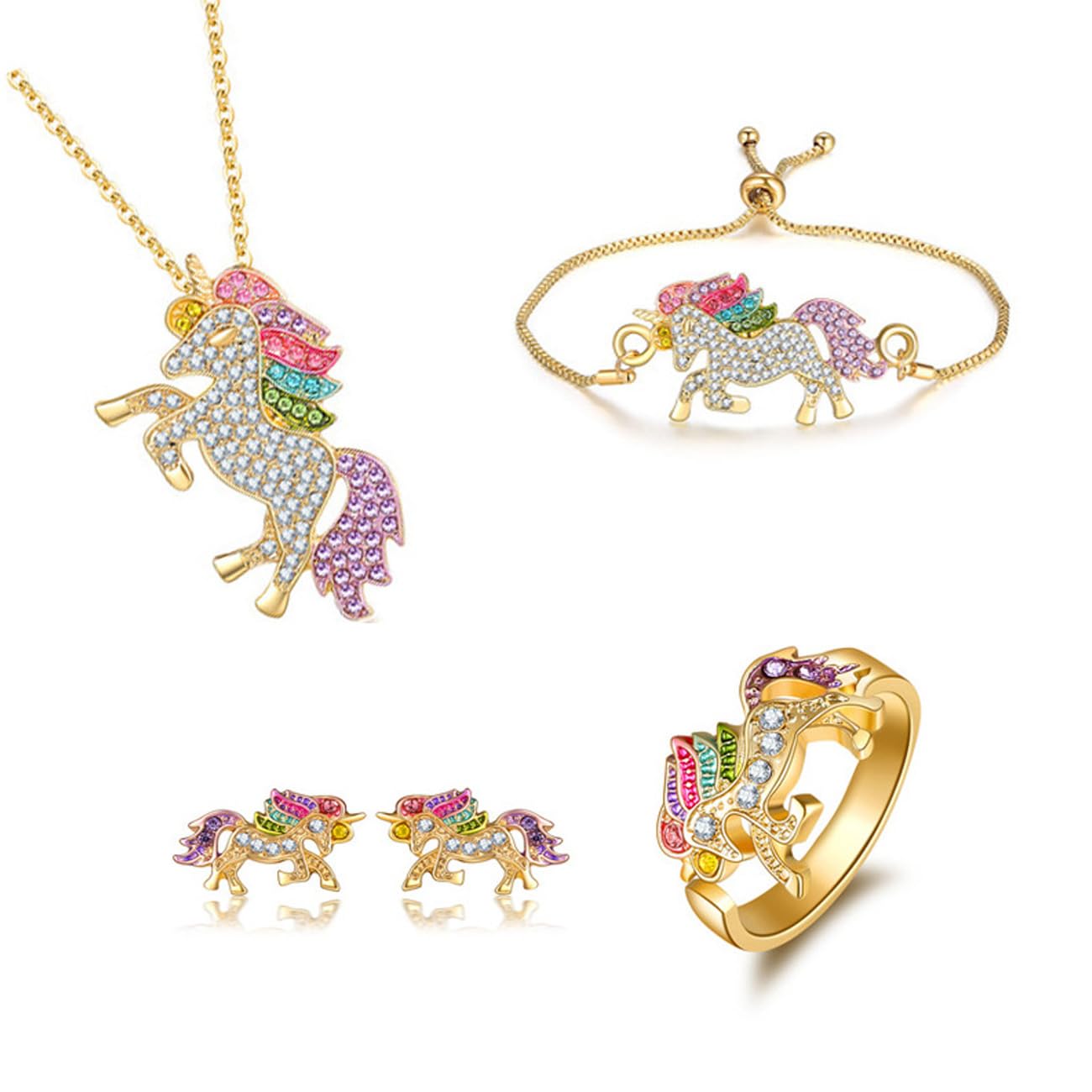 HSAJS Conjunto de Joyas para Niñas Unicornio Anillo Collar Colgante Cadena Pendientes Pulsera Plata Oro Caballos Pegasus Joyería para Cumpleaños Hija Infantil Nieta