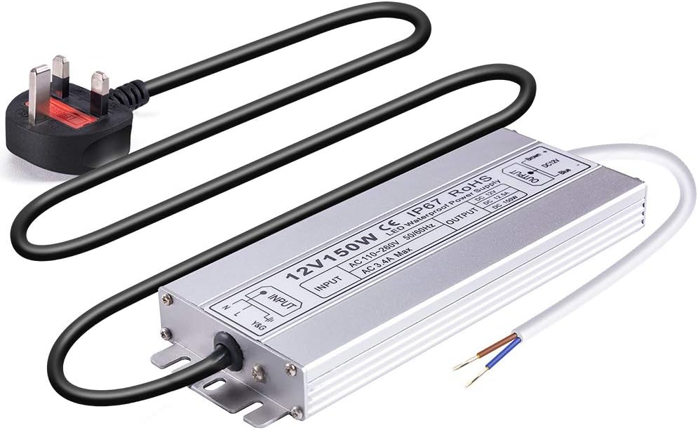 150W 12V DC LED Power Supply, IP67 Waterproof Low Voltage Transformer LED Driver Adapter, 100-260V AC to 12V DC Converter for LED Strips, Outdoor Lights, CCTV Cameras & More
