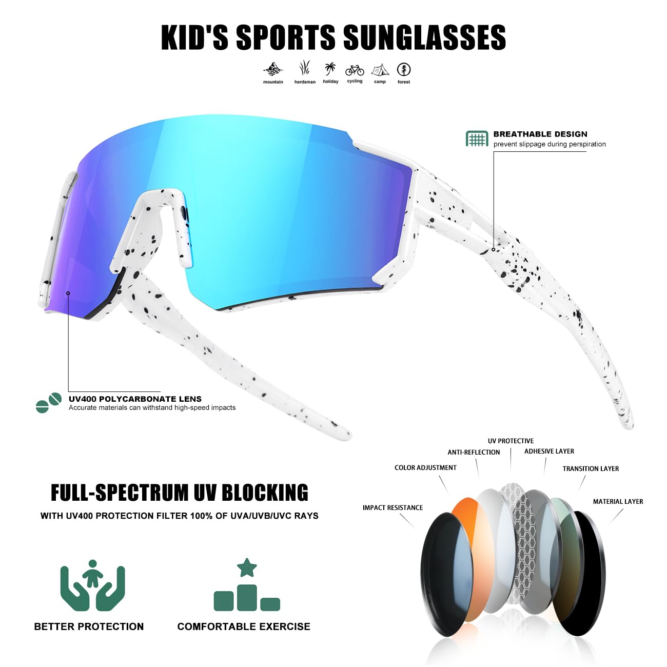 SEKKAF Dziecięce okulary przeciwsłoneczne młodzieżowe okulary baseballowe dla chłopców dziewcząt softball sportowe okulary przeciwsłoneczne ochrona UV