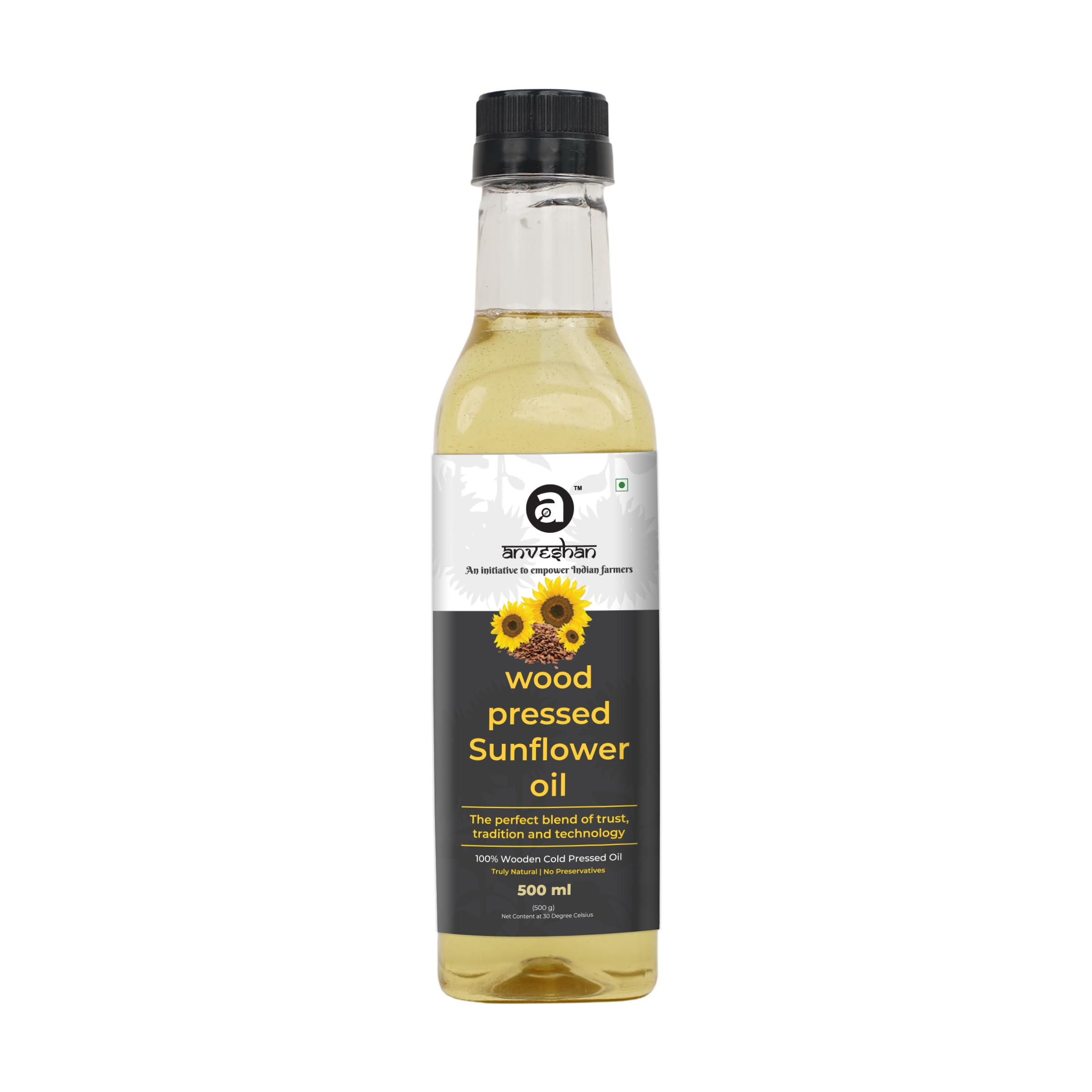 AnveshanWood Pressed Sunflower Oil - 500ML | Plastic Bottle | Kolhu/Chekku | Natural | Chemical-Free | Cold Pressed Sunflower Oil for Cooking