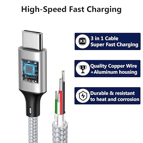 Miniatura 7 de Puxnoin Cable de carga múltiple, cable divisor USB C, cable de carga rápida 3 en 1 con 3 puertos macho tipo C compatible con teléfonos celulares,