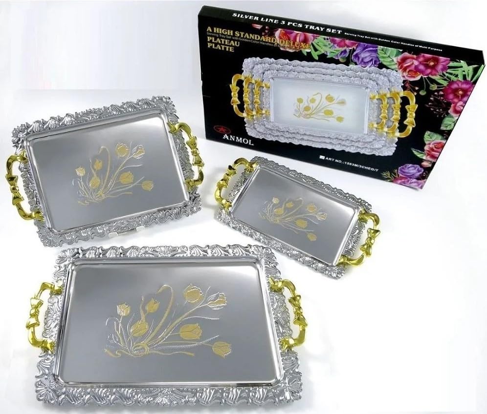 Image of MARTVIA Luxury Serving Tray Set of 3,Crystal Stainless Steel Tray, with Golden Design and Handle Serving for Party Glass, Home Wedding Decor for Gift Set (MV-15)
