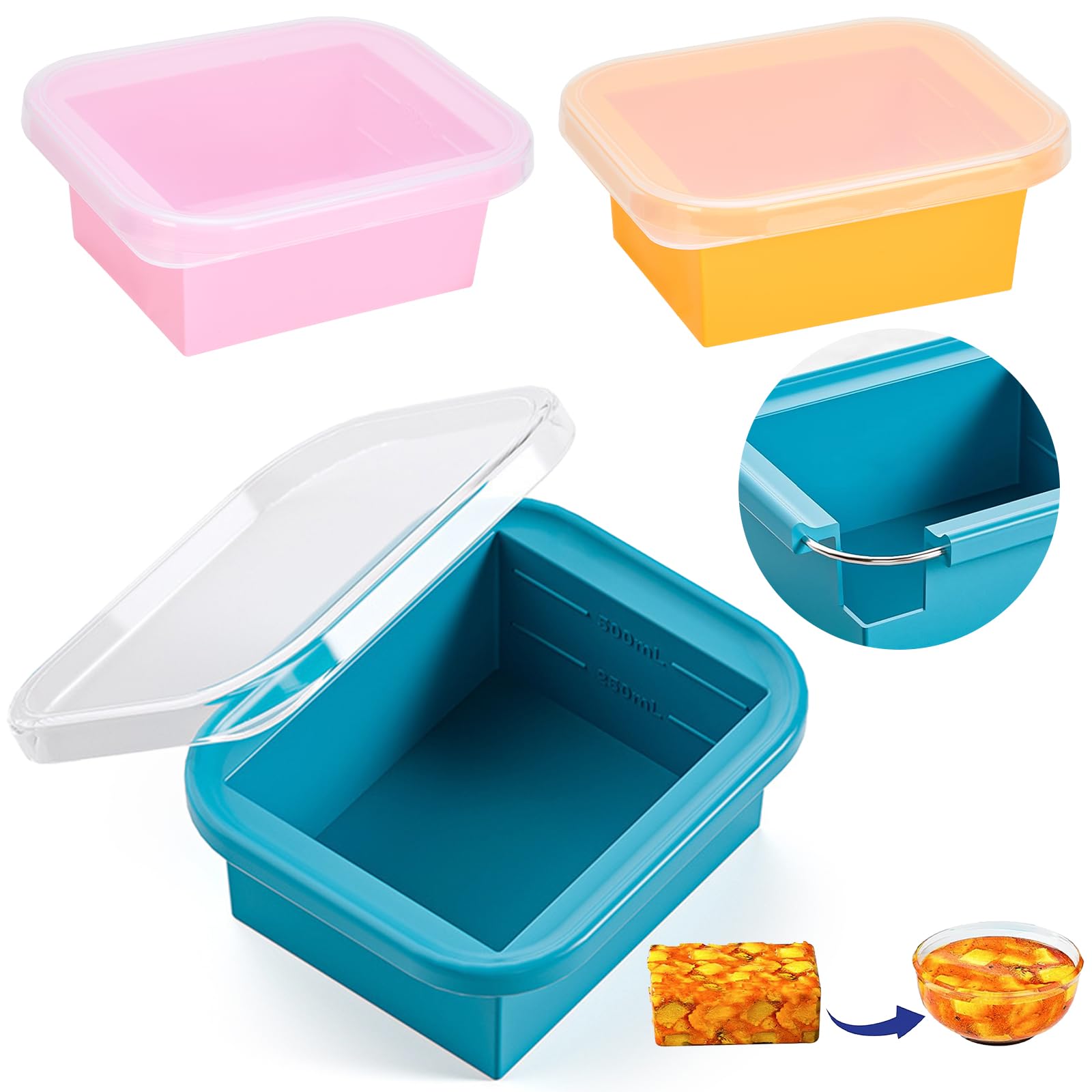 3 Pack Freezer Trays For Batch Cooking, Soup Freezing Container, Silicone Food Freezer Trays, Large Ice Cube Tray for Storage Sauce Meal Prep Leftovers (1/2 cup, 1 cup, 250ml, 500ml)