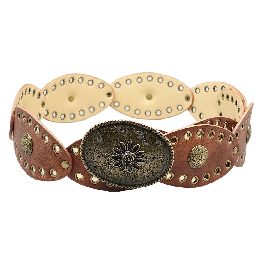 Ceinture large marron cuir vintage ornée d'œillets métalliques et de conchos en laiton durables