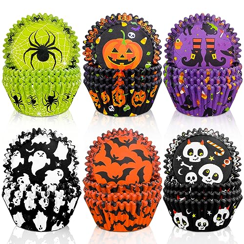 Whaline 600Pcs Halloween Cupcake Liners Pumpkin Witch Legs Bats Ghosts Spider Skulls Cupcake Wrappers Baking Cups Holders Muffin Baking Liners for Halloween Party Supply