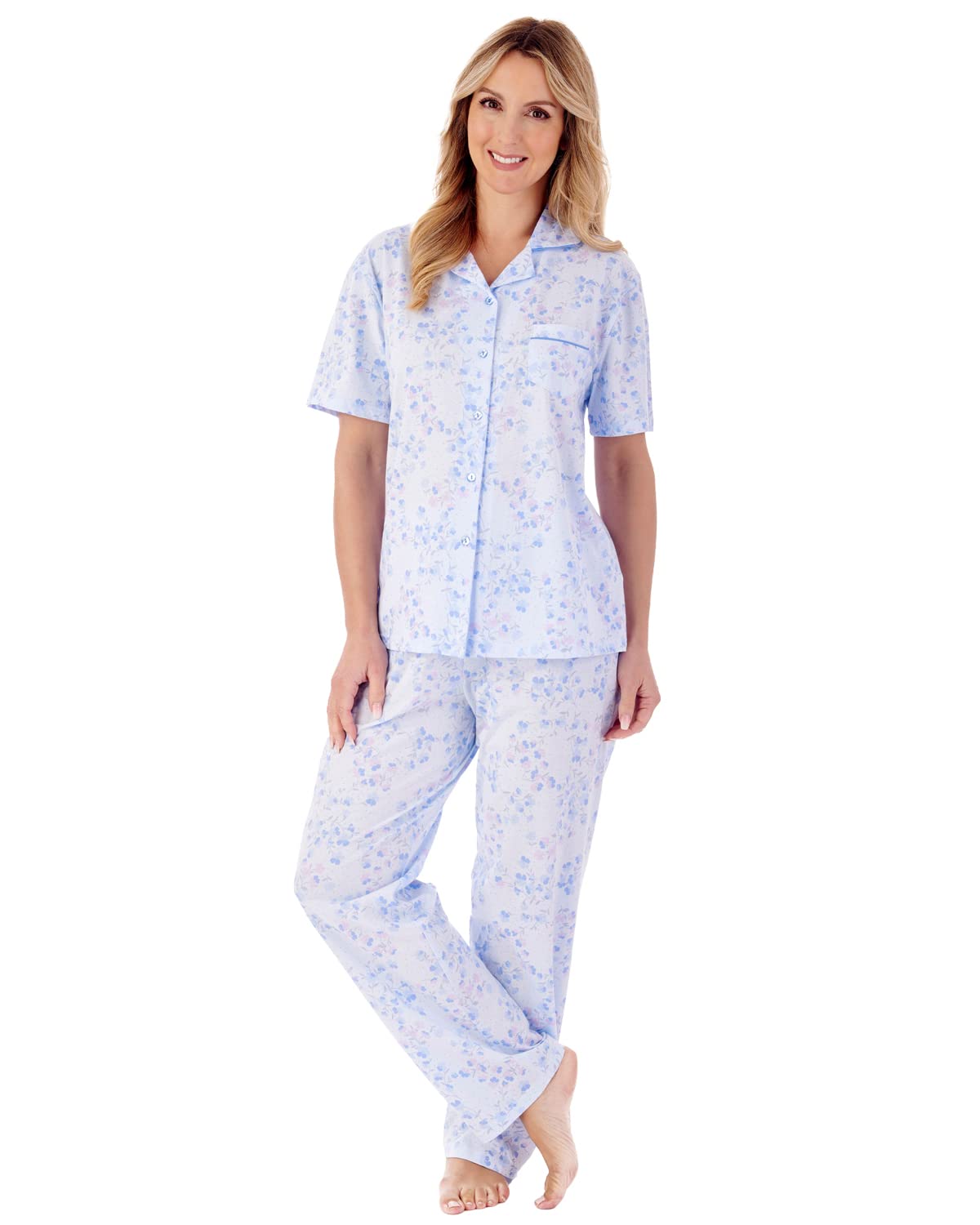 Slenderella Women's Blue Pansy Short Sleeve Buttoned Tailored Cotton Pyjama Set (20/22, )