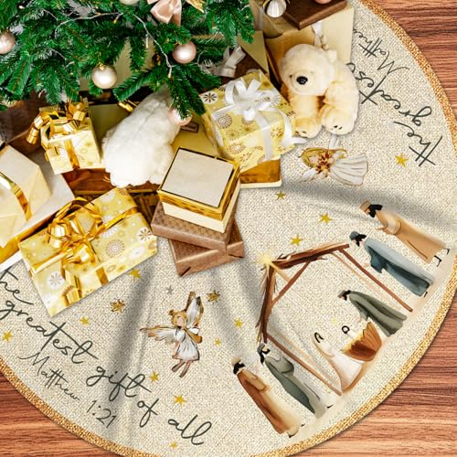 Christmas Tree Skirt Nativity Scene,Jesus Christmas Tree Skirt 48Inch,Vintage Merry Xmas Party Decorations for Christian Xmas Holy Night Winter Holiday New Year Party Supply