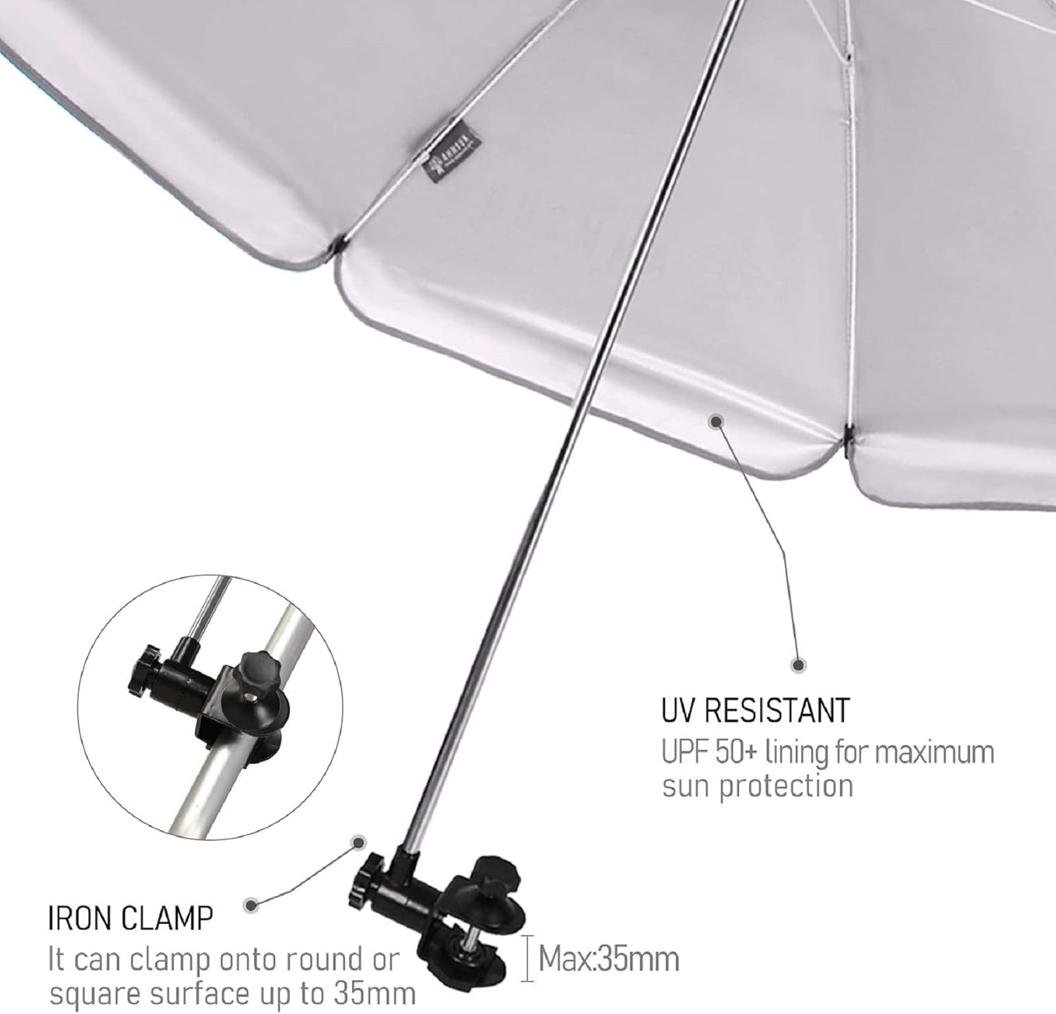 review AMMSUN Chair Umbrella with Universal Clamp 43 inches UPF 50+,Portable Clamp on Patio Chair,Beach Chair,Stroller,Sport chair,Wheelchair and Wagon (Grey)
