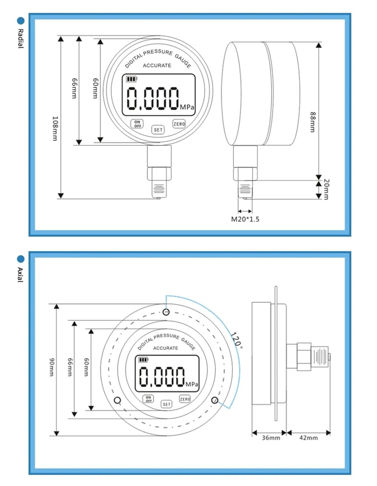 Manomètre axial numérique 100 mm (4 pouces) avec connecteur mâle G1/4 for batterie, mesureur de pression d'huile, de gaz et d'eau (1 pièce).