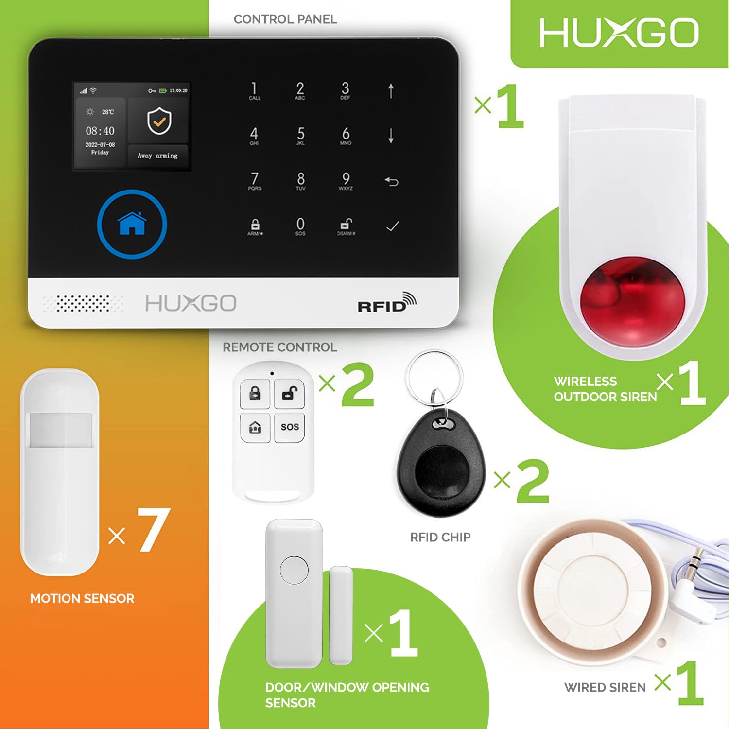 HXA003 Sistema di allarme wireless con 7 sensori di movimento + sirena wireless aggiuntiva, Due moduli: WiFi + GSM, applicazione TUYA Smart, controllo del telefono, SMS, lingua italiana