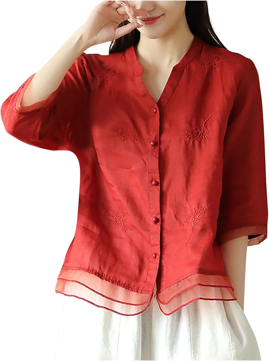 Women's Casual 3/4 Sleeve T-Shirts Round Neck Button Down Tunic Tops Floral Embroidered Tops Trendy Blouses