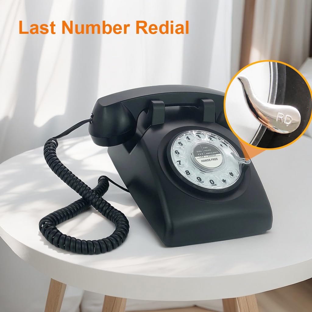 Teléfono de escritorio con cable retro de una sola línea clásico vintage rotativo manos libres teléfono fijo para hogar/oficina/hotel, teléfonos antiguos para adultos regalo (negro)