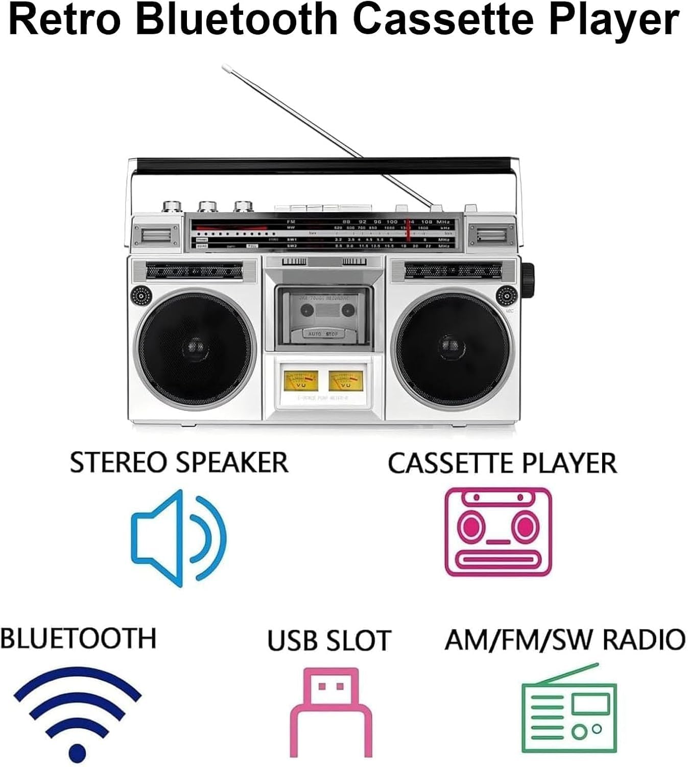Boombox retrò anni '80 con Bluetooth e lettore CD, radio stereo portatile con registratore a cassetta, ingresso USB/SD per riunioni di famiglia e viaggi