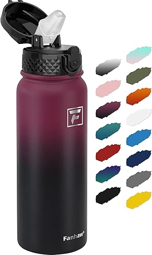 Fanhaw Botella de agua aislada de acero inoxidable de 20 onzas con tapa con popote, a prueba de fugas y sudor, con tapa antipolvo (rojo negro)