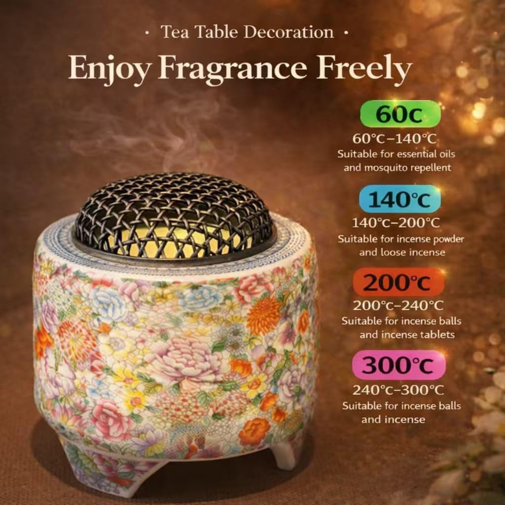 Ceramic Holder Electric Incense Burner Pink Scratched Flower Built-in LED Lights Simulate Flames, Classical, Elegant and High-end Top Hollow Design