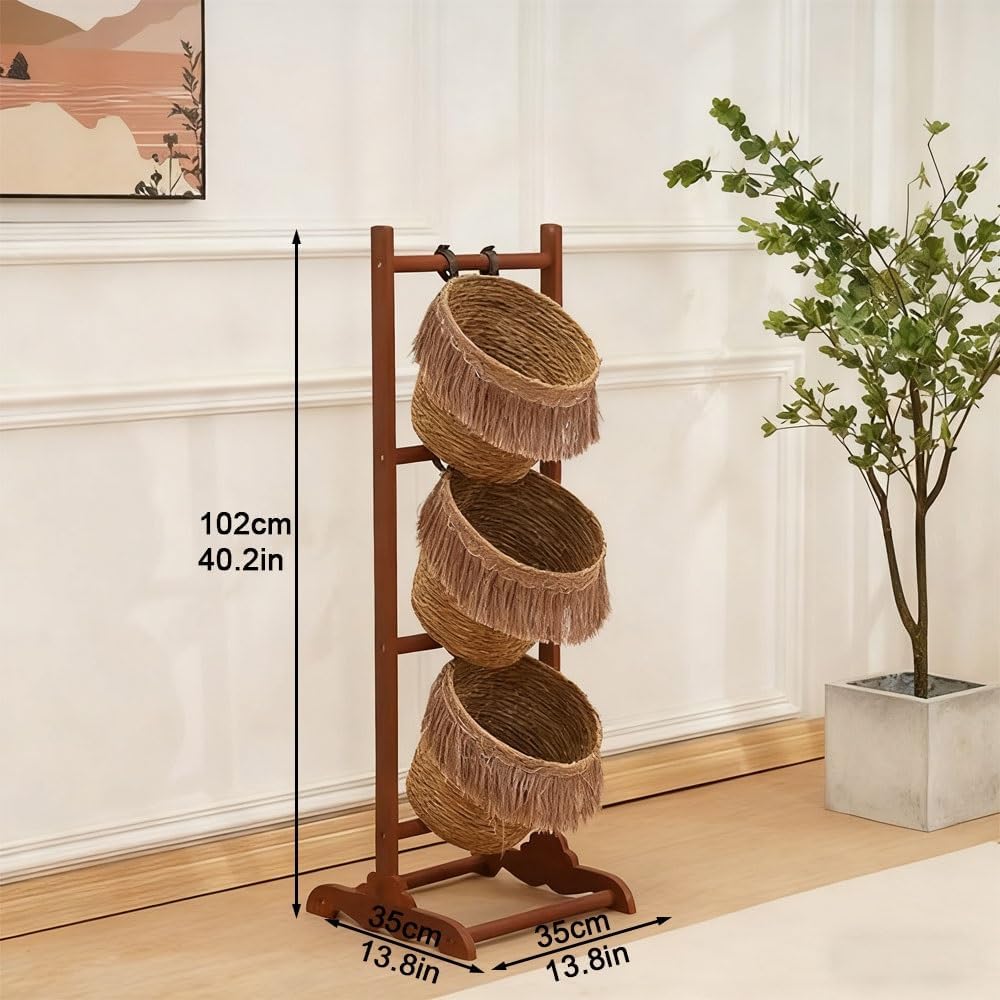 Multi-Layer Wood Storage Rack with Baskets, Standing Organizer Shelf for Bathroom, Kitchen, Laundry Room or Living Room Storage Stand(102cm-40.2in)