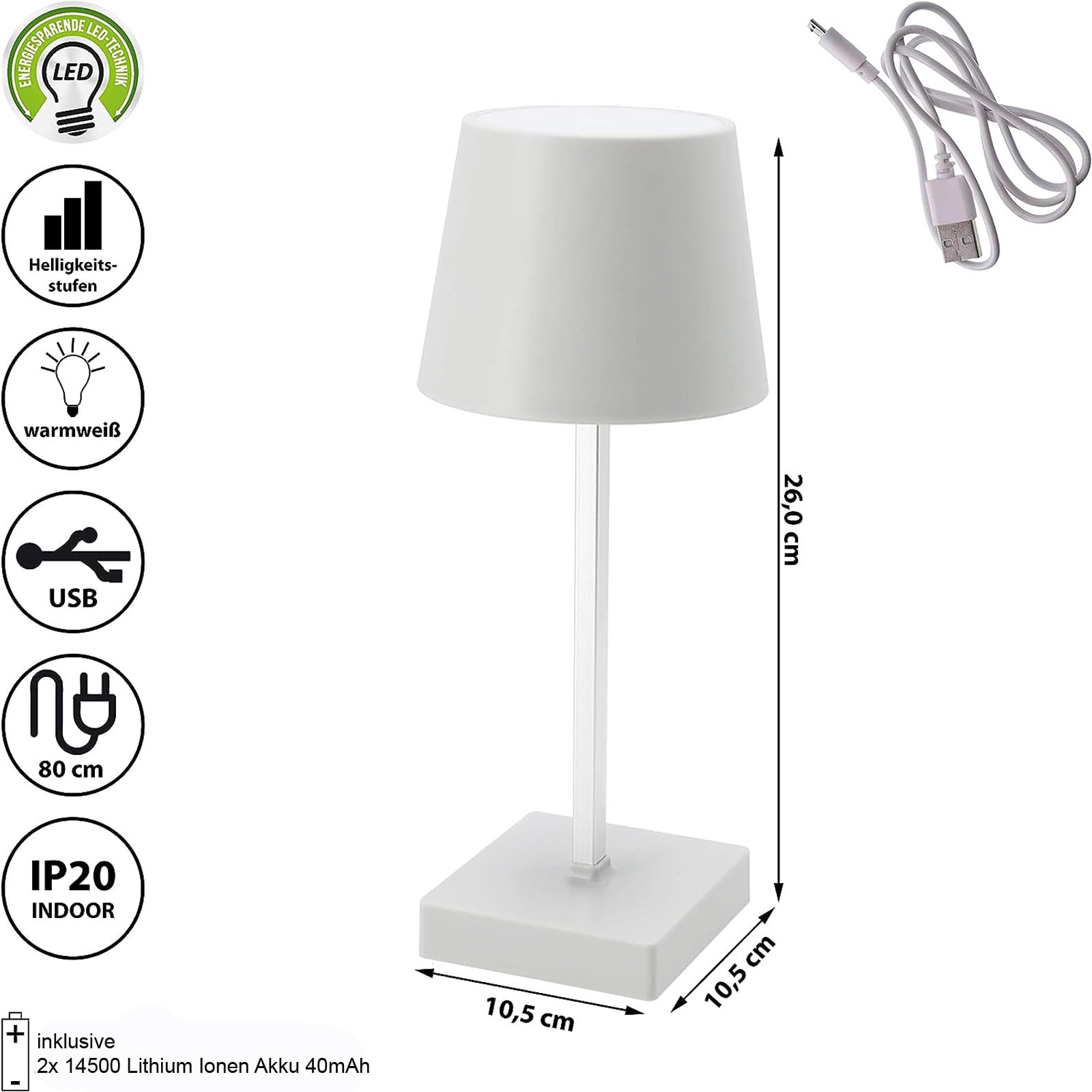 HAC24 2er Set Tischleuchte mit Touchfunktion Warmweiß USB Nachttischlampe Weiß Aufladbar Helligkeit regulierbar Schreibtischlampe Dimmbar