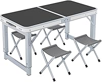 Vista 9 de Mesa plegable con taburete, mesa plegable de altura ajustable, picnic, campamento, al aire libre, aluminio ligero portátil, con asa de transporte