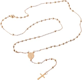 Gold-Tone Stainless Steel Rosary Necklace, Religious Prayer Beads with Virgin Mary Medallion, Cross Pendant
