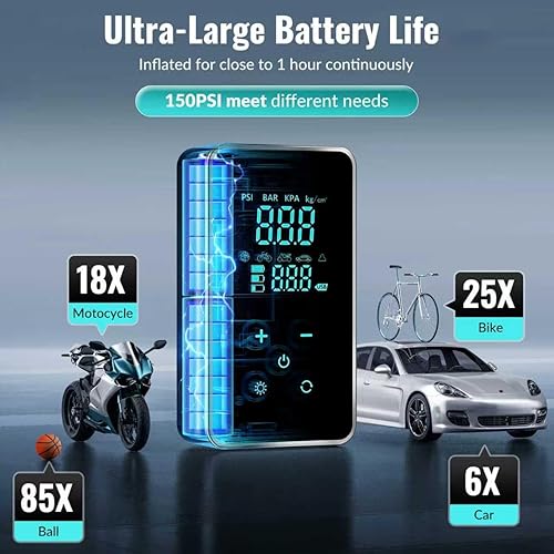 Miniatura 3 de Inflador de neumáticos, compresor de aire portátil, bomba de aire de 150 PSI para automóvil, bomba de bicicleta, pantalla táctilmanómetroluz, bomba