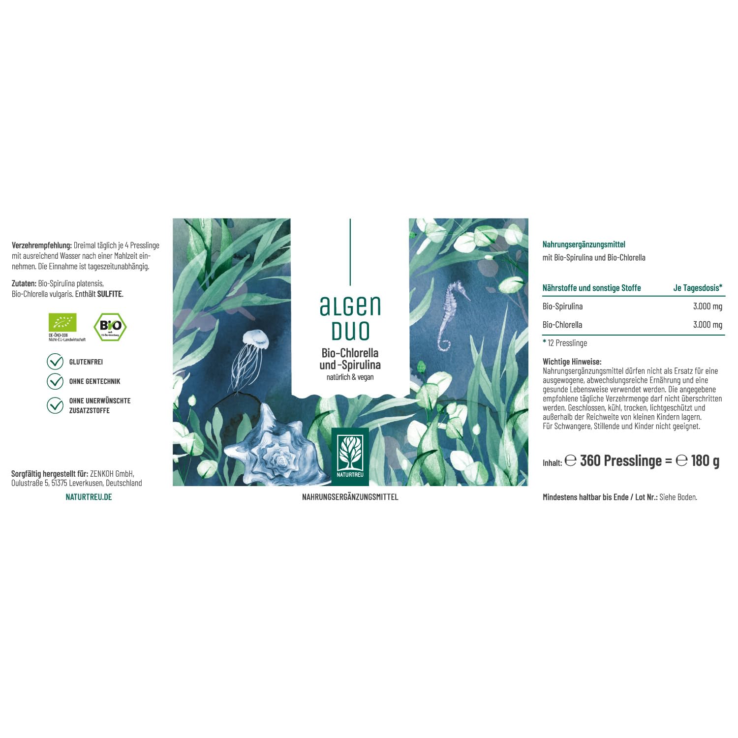 NATURTREU® Bio Spirulina & Chlorella Komplex Presslinge - 6000mg Spirulina und Chlorella je Tagesdosis - 360 Tabletten vegan