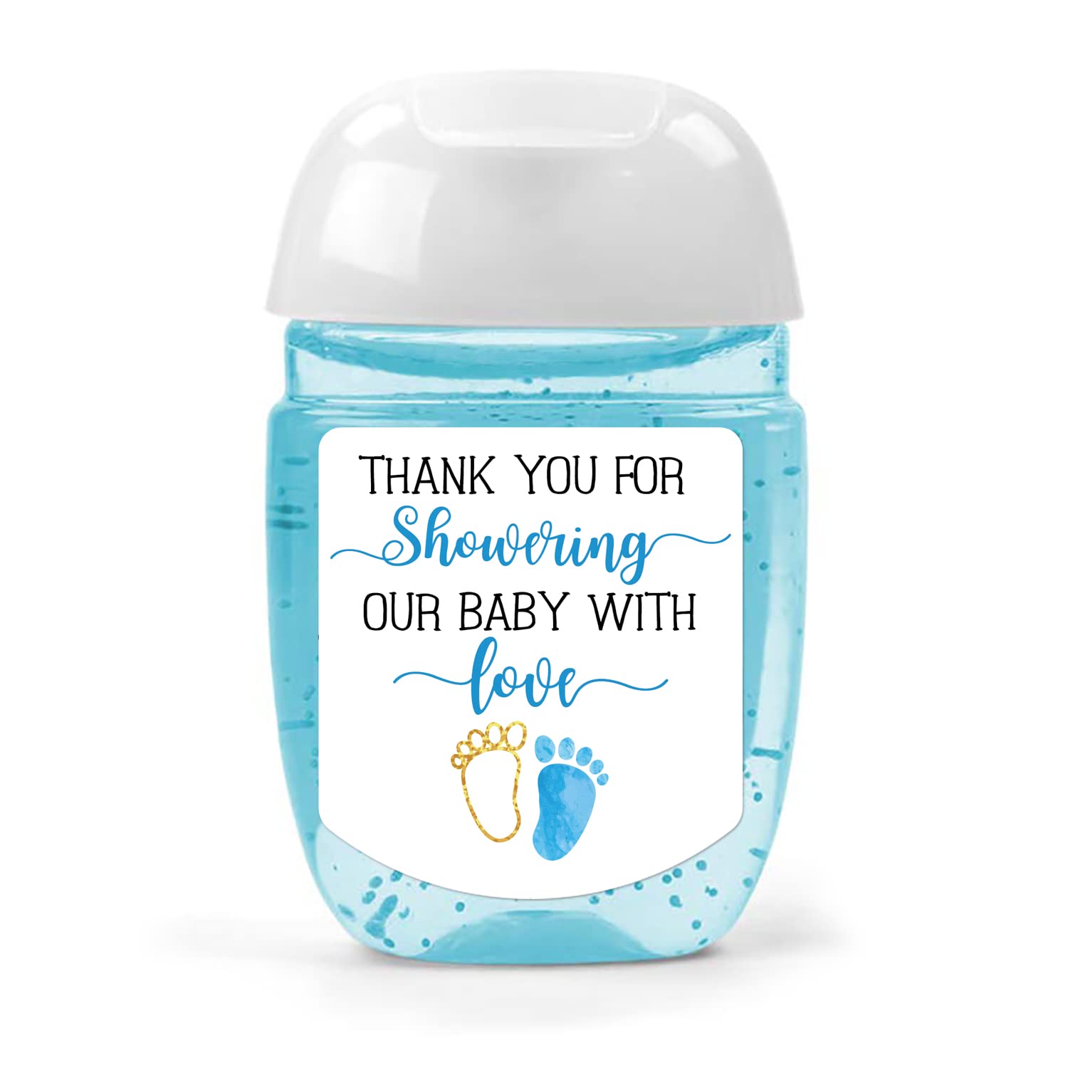 Hand Sanitizer Labels Thank You for Showering Our Little One with Love Stickers, Baby Shower Favor Party Favors Boy., Blue,1.26inches x 1.39inches