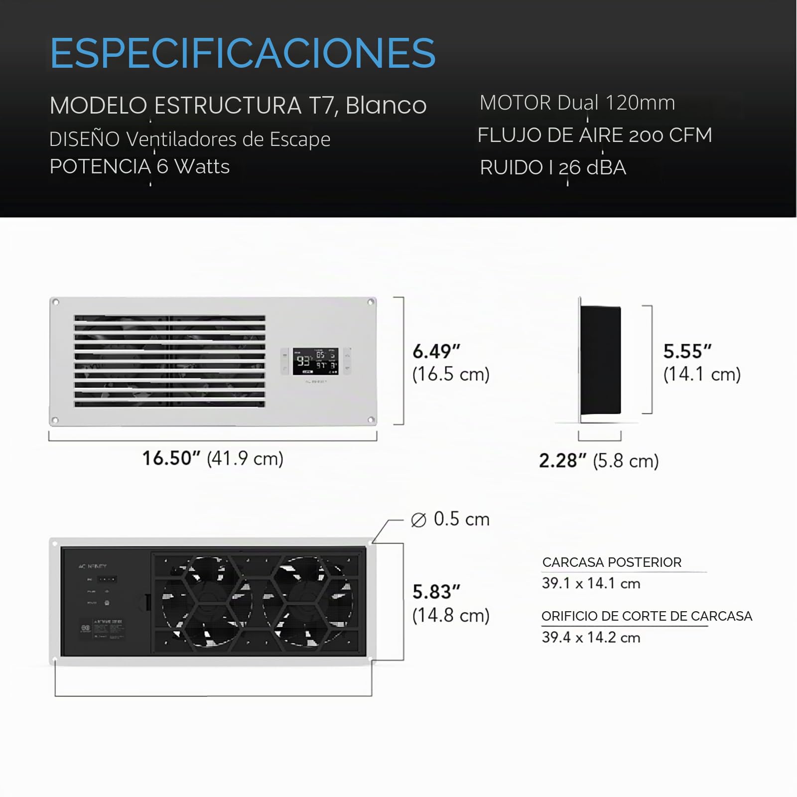 AC Infinity AIRFRAME T7, 400mm Blanco, High-airflow ventilador de refrigeración Sistema de escape circulación de aire, para equipos audiovisuales salas, armarios y carcasas | Flujo de aire de escape, para salas de equipos AV, armarios y recintos