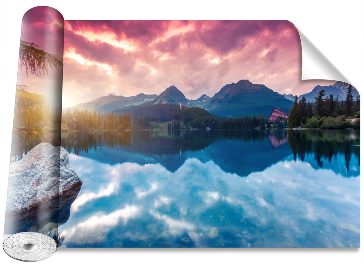 Papier peint lac de montagne moderne décoration murale grand format 250x104cm paysage alpins