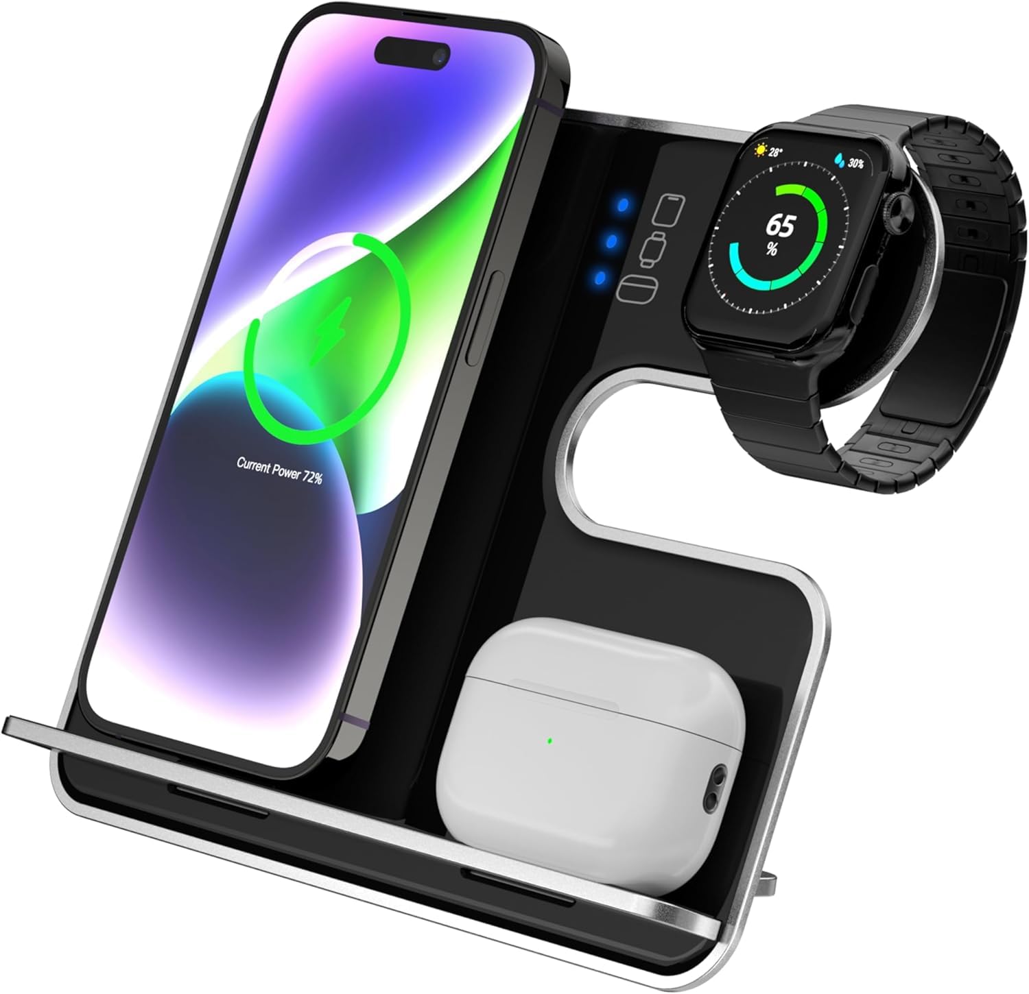 XVersion 3 in 1 Slim Wireless Fast Induction Charger Station, 15W Qi Multi-Device Charger Stand Stations for Apple iPhone 15/14/13/12/Air pods/iWatch 1 Year Manufacturer Warranty - Black