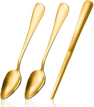 Grapefruit Spoons Serrated Edge Knife Stainless Steel Utensil Tool Dessert Spoon for Citrus Lemon Kiwi Salads Melon Lime Pitaya Apple Fruit Puree Gold