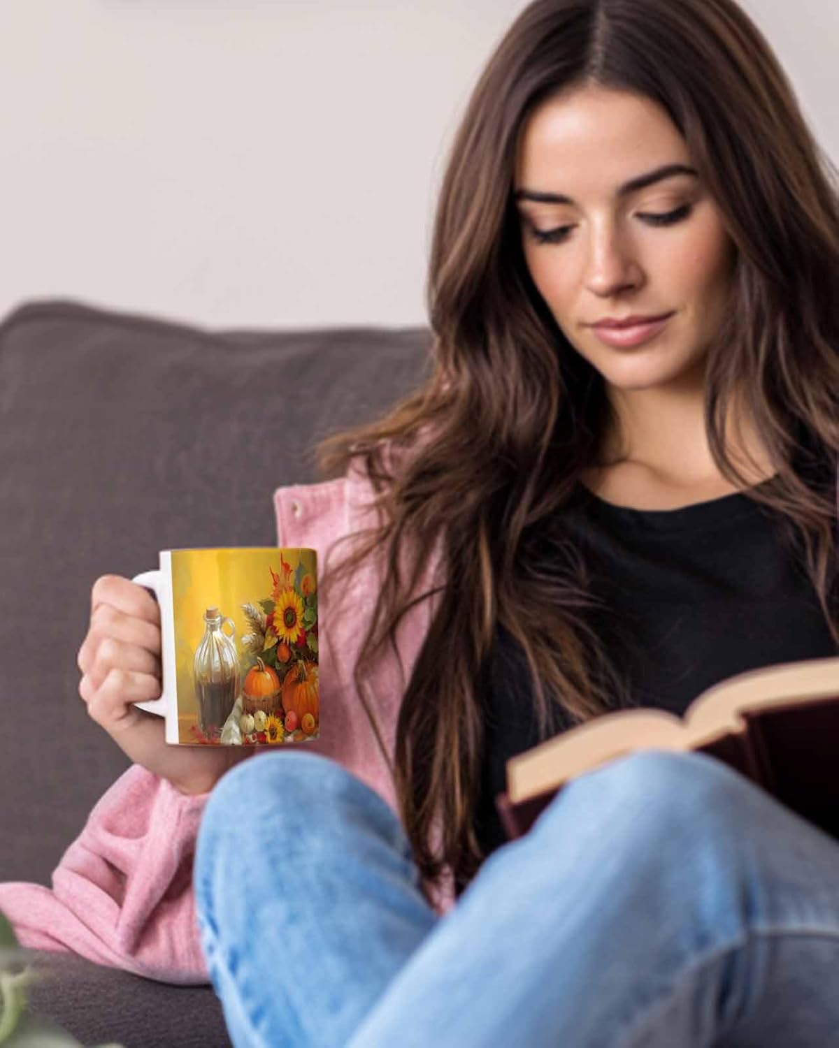 BEMIGO Ceramic Coffee Mug Fall Pumpkin Fruit Ceramic Mug White Cup, Floral Oil Painting Insulated Coffee Cup with Handle with Pattern Perfect for Tea and Hot Beverages, 12oz