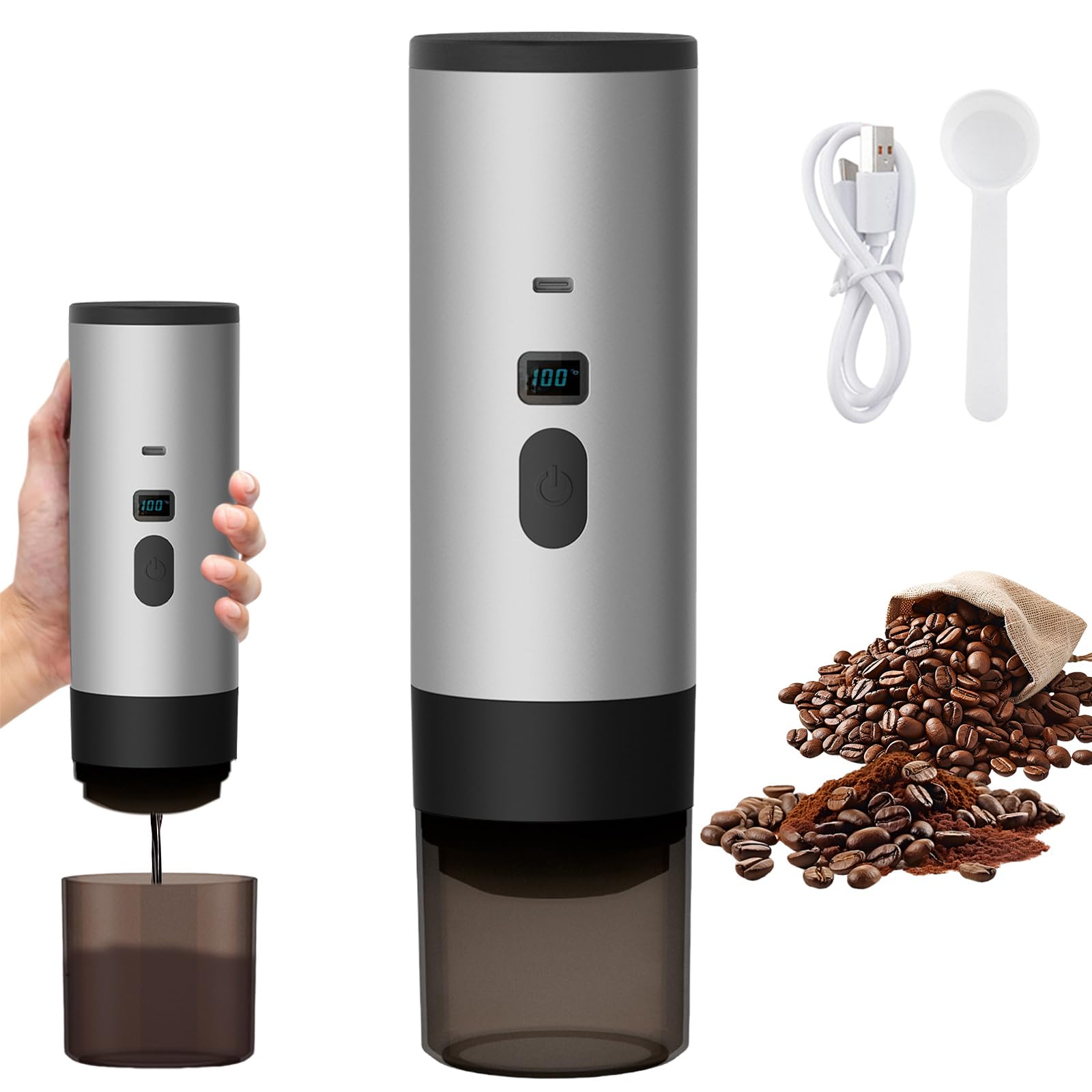 3 En 1 Machine à Café Portable 15 Bars - 72W Cafetière Expresso Capsule/Machine à Expresso Électrique USB à Chauffage Rapide | RéServoir D'Eau 90ml | Pour Voyage/Bureau/Campin (Gris)