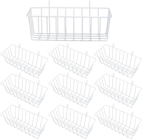 Paquete de 10 cestas de alambre para colgar en panel de rejilla de pared, cesta de almacenamiento y exhibición de pared blanca, accesorio de cesta