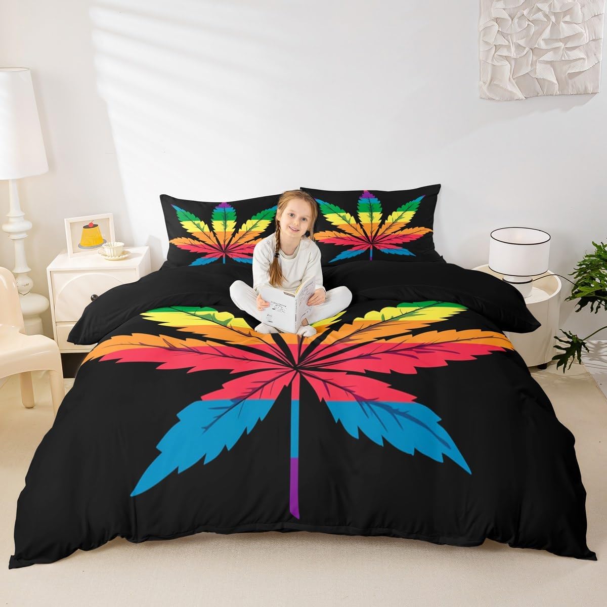 Rainbow Weed Comforter Cover Colorful Marijuana Weed Leaf Printed Bedding Set King Size Adult Women Boys Rainbow Cannabis Leaves Decor Duvet Cover Gothic Nature Plant Weed Printed Bedspread, Zipper image 5