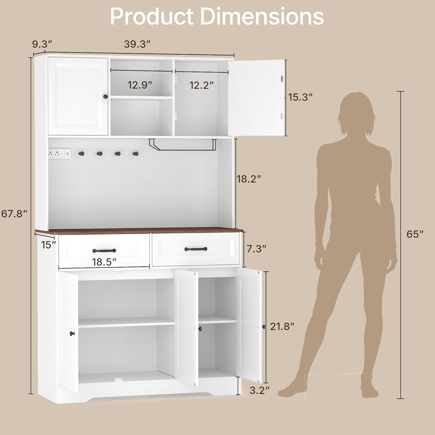 Gizoon White Buffet Cabinet with Charging Station, Tall Kitchen Pantry Storage Cabinet with Drawers & Adjustable Shelves, Freestanding Sideboard Cupboard for Dining Room, Living Room, Tabletop-Retro