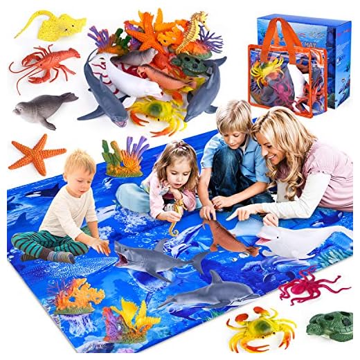 GINMIC Kids Ocean Animals Toys with Large Play Mat, 18 Pack Assorted Realistic Sea Animal Toys with Carrier Bag Including Shark, Whale, Dolphin etc, for Toddler, Boys & Girls Ages 3-8