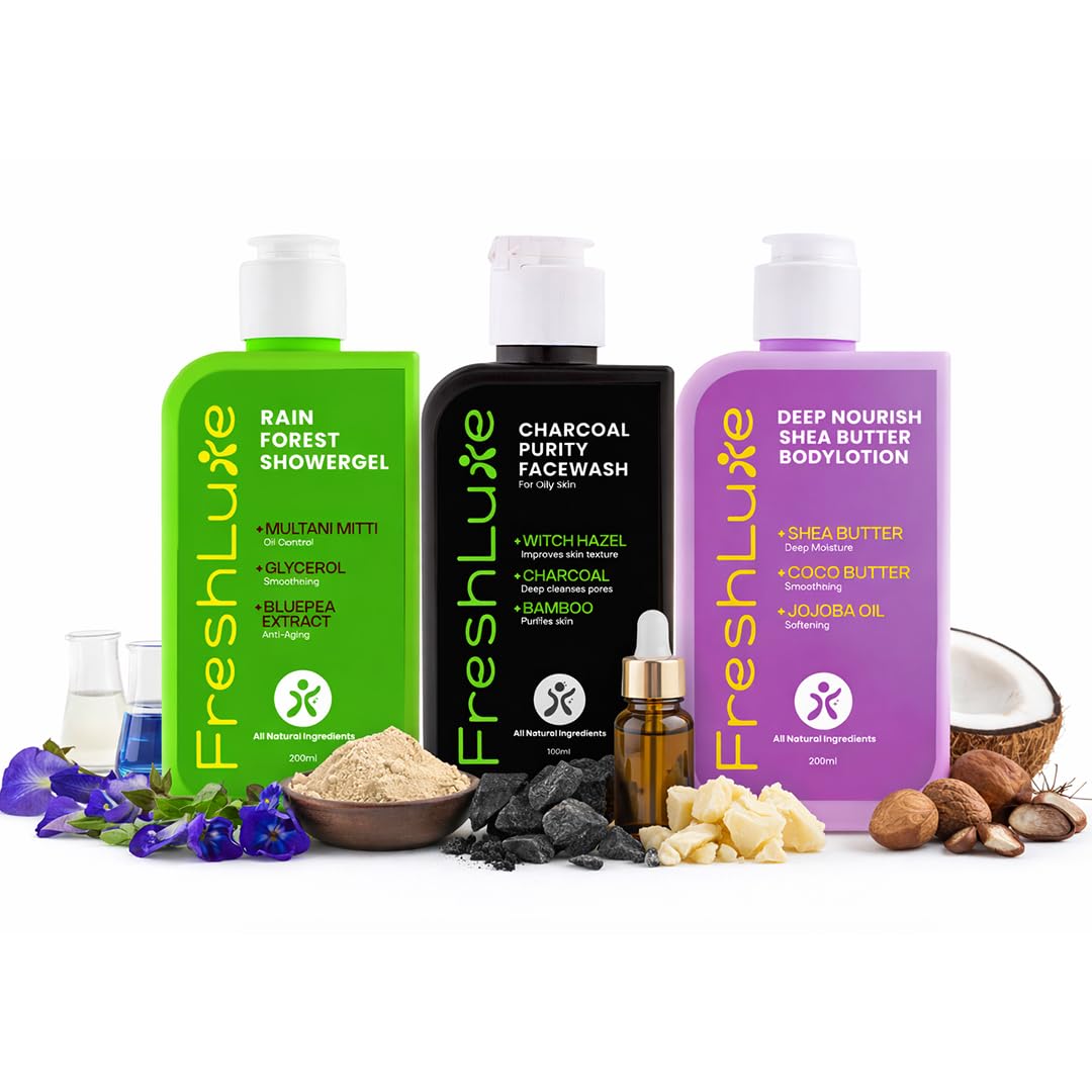 Oily Skin Combo | Charcoal Purity Face Wash (100ml) + Rain Forest Body Wash & Shower Gel (200ml) + Shea Butter Body Lotion Moisturizerv (100ml) | Pack of 3-image-47