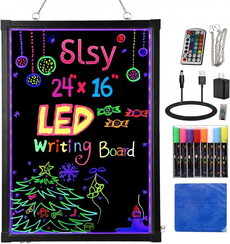 Slsy LED Writing Board 24"x16", Light Up Message Board Illuminated Neon Sign with 12 LED Colors, 26 Flashing Modes, 8 Fluorescent Markers, Erasable Sign for Restaurants Bars Cafes Weddings Classrooms
