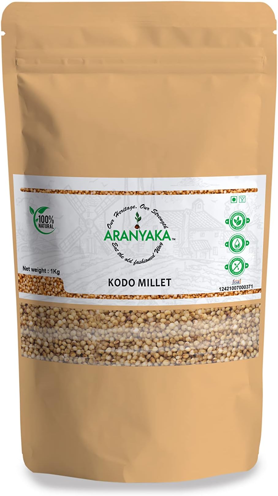 Aranyaka Kodo Millet | Kodri | Natural Farm Produce/ 1kg (Kodra/Varagu/Arikelu/Harka/Arika/Varigu) | Low GI- Diabetic Friendl|High Protein & High Fibre | Unpolished and Gluten Free| 1kg in Total