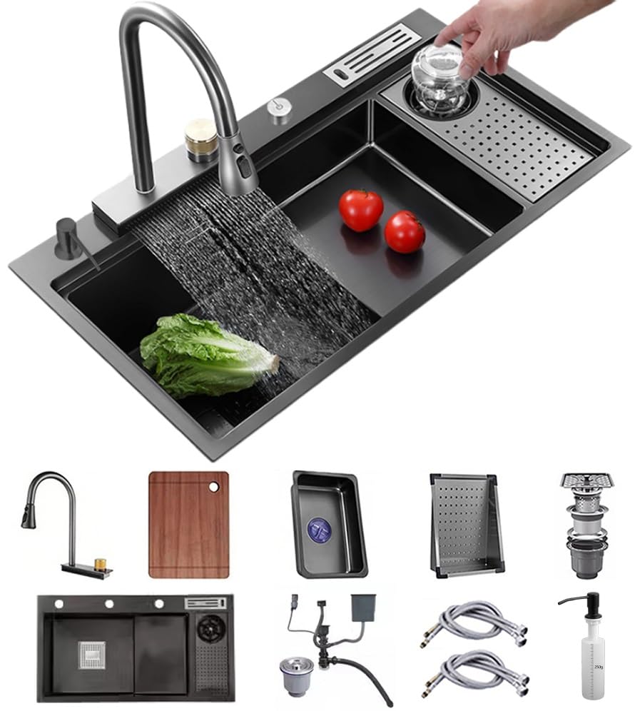 Évier RV en acier inoxydable noir à cuve unique avec mitigeur cascade et accessoires complets
