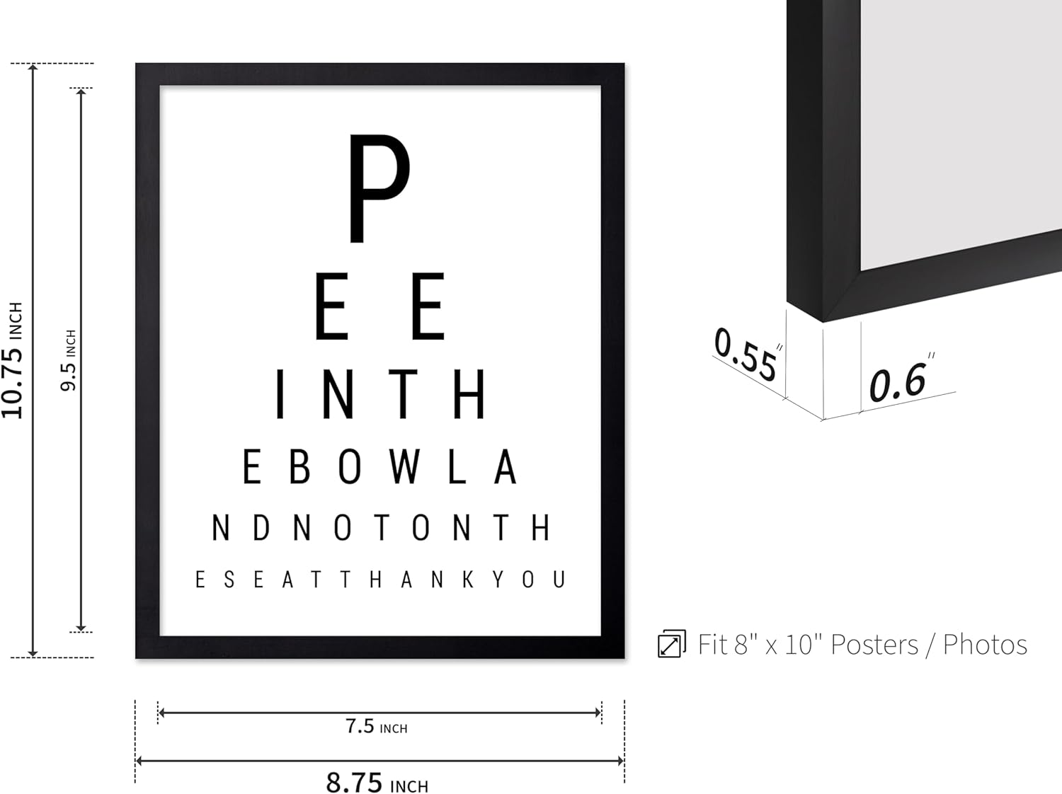 Poster Master 2-Piece Bathroom Sign Print - Eye Chart & Rules Poster - Humorous Guest Bath Decor - Minimal Typography Design - Powder Room Decor - Funny Restroom Sign - 8x10 Black Framed