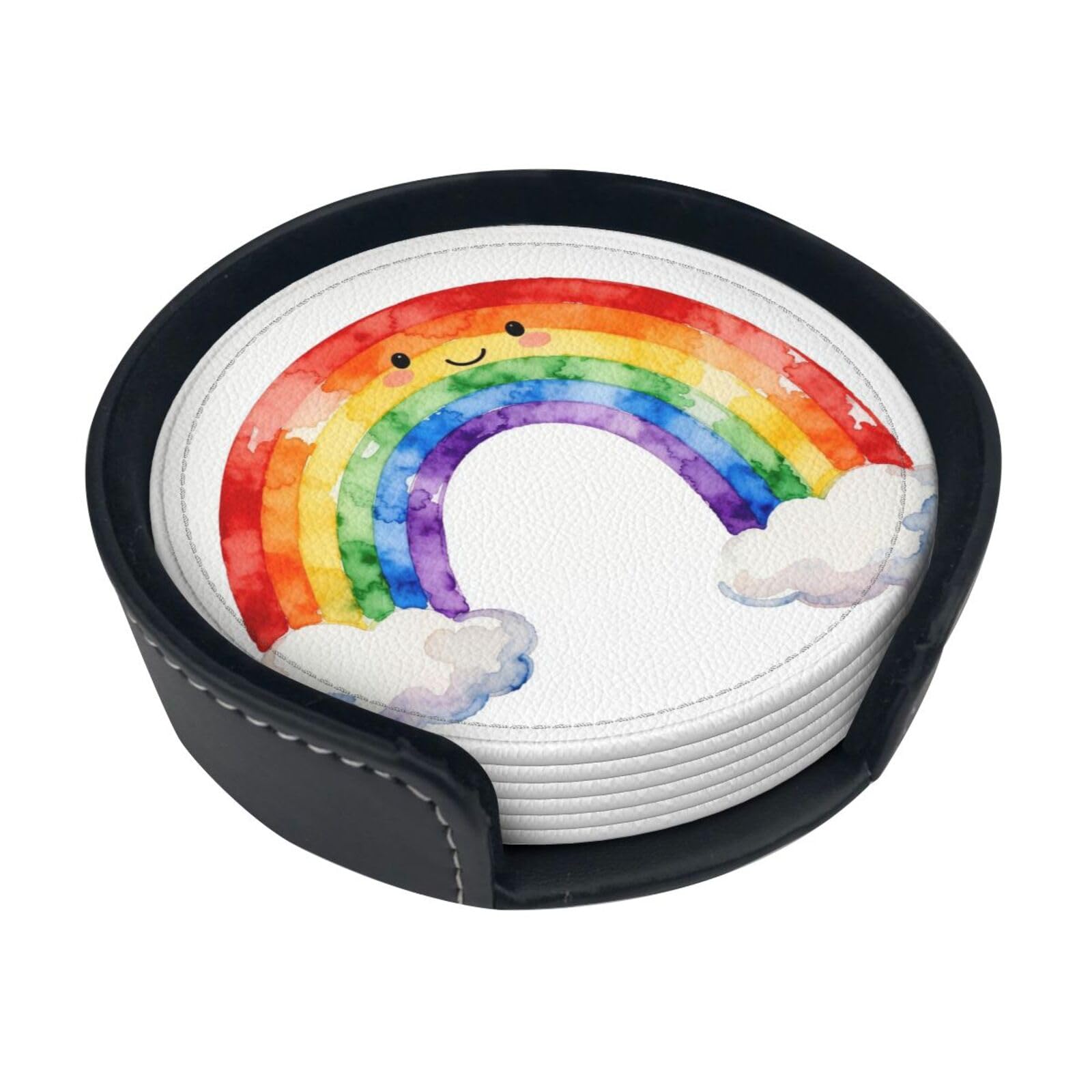 Cntdbu White Smiling Rainbow Leather Coasters Set Of 6-Pu Leather Drink Mats For Table, Heat Resistant Round Coasters With Holder