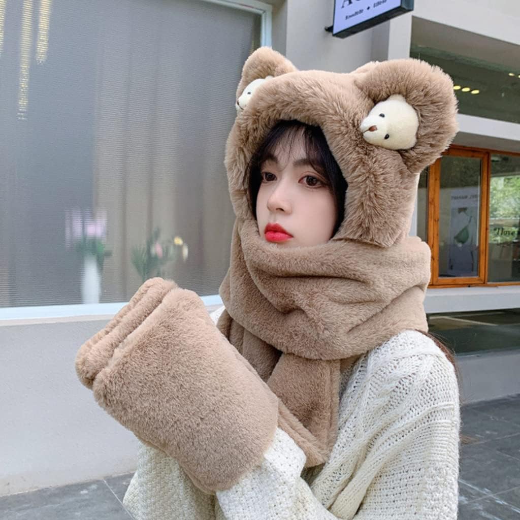 Scarf,Windproof Scarf Scarf Winter Hat Scarf Gloves Set For Girl Bear Ear Hat Scarf Warm Ear for Three Pi Scarf