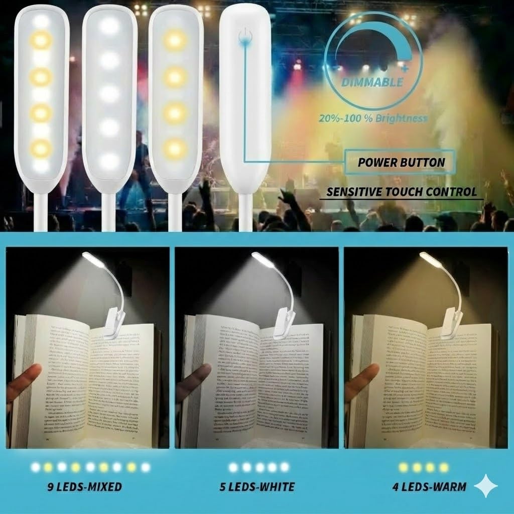 Infitronic IN9LEDNLPRO2W 9 LED Buchlampe Klemmlampe – 3 Farbmodi, stufenlos dimmbar, Augenschutz Leselampe mit 360° Schwanenhals, USB wiederaufladbar, Bettlampe für Bett, Kindle & Reisen