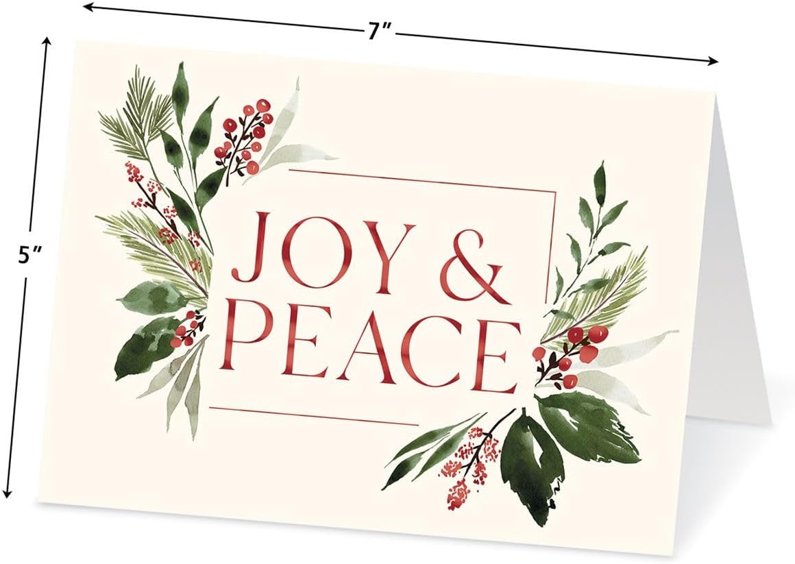 Colorful Images Joy & Peace Personalized Christmas Greeting Cards and Matching Seals- Set of 24 Cards, Large 5 x 7 Inches