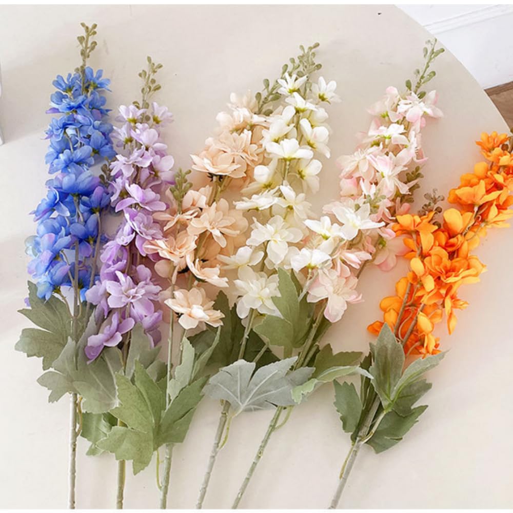 4 Fiori Artificiali Delphinium A Stelo Lungo 106 Cm - Champagne - In Seta Realistica Per Vasi Alti - Decorazione Casa, Matrimonio, Composizioni Floreali - 5