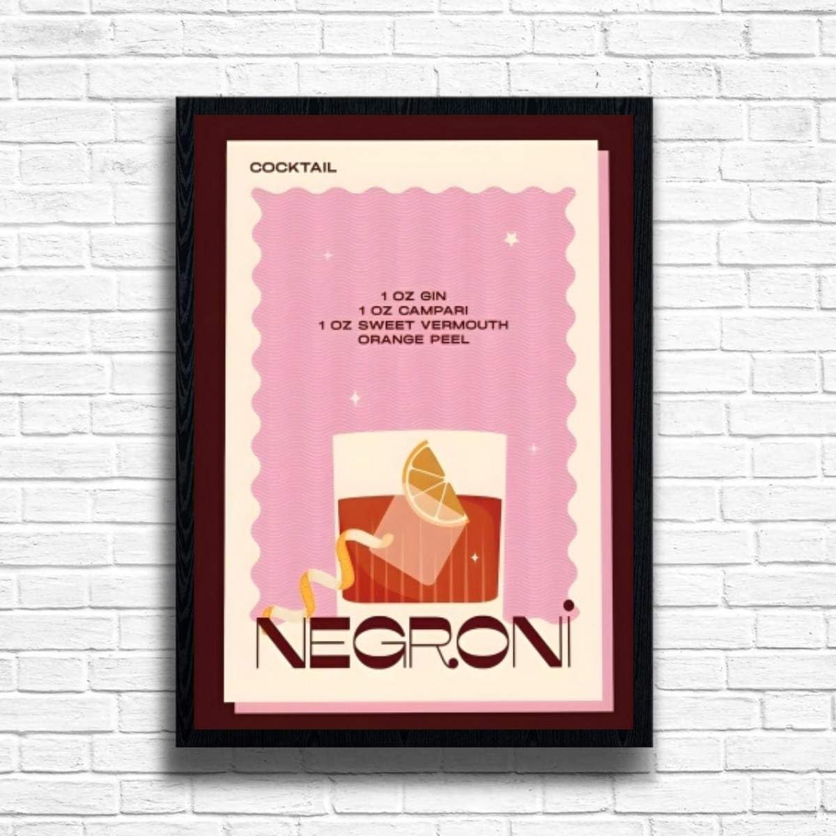 Negroni - Vintage Cocktail Print, Home Bar Art Display - Retro Bar Decor for Home, Kitchen, Lounge - Ideal Poster for Cocktail Lovers, A4 A3 Home Decoration Wall Art Deco (A4 Framed (Black))