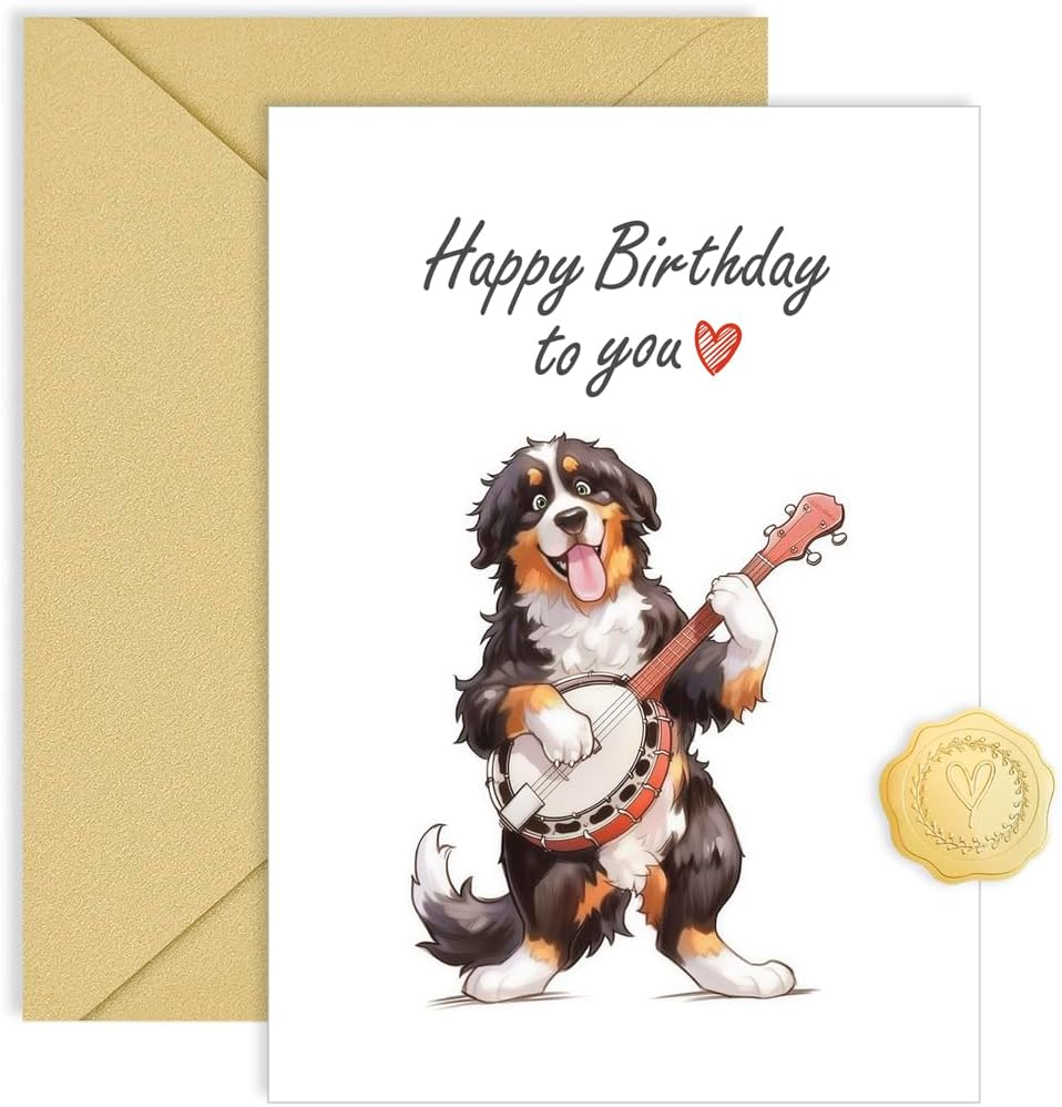 Funny Birthday Card - Bernese Mountain Dog Playing Banjo - Cute Musical Greeting Cards for Dog Lovers, Musicians, Men & Women - Large 5x7 Inch Bernie Gifts with Envelope & Sticker